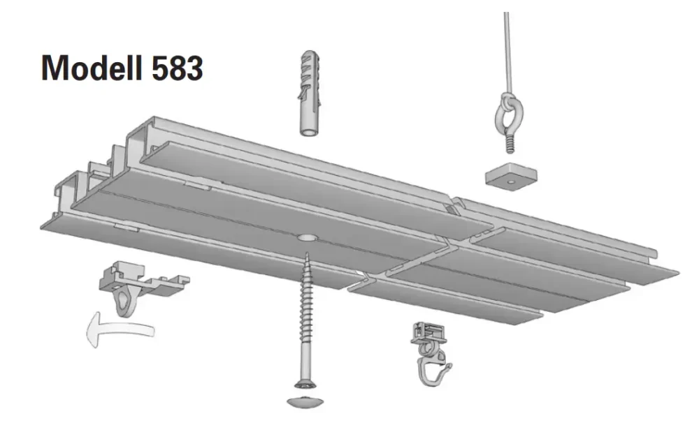 Technische Zeichnung der 2-läufigen Unterputz-Gardinenschiene Modell 583 mit Maßangaben und Querschnittsansicht zur flächenbündigen Deckenmontage.
