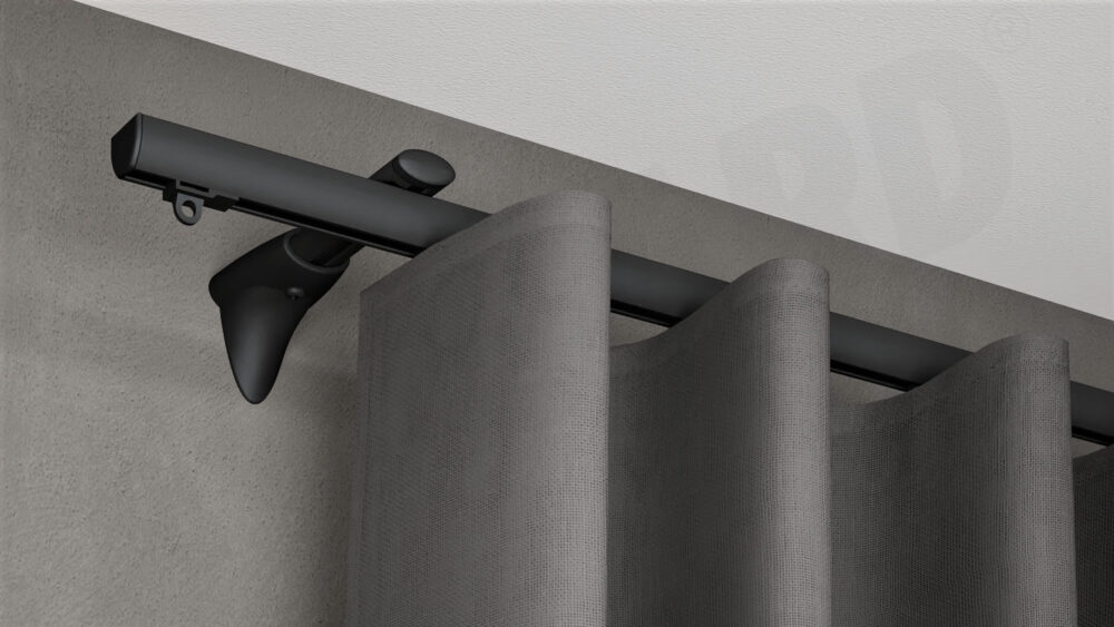Wandschiene Modell 410 in Schwarz mit Vorhang montiert