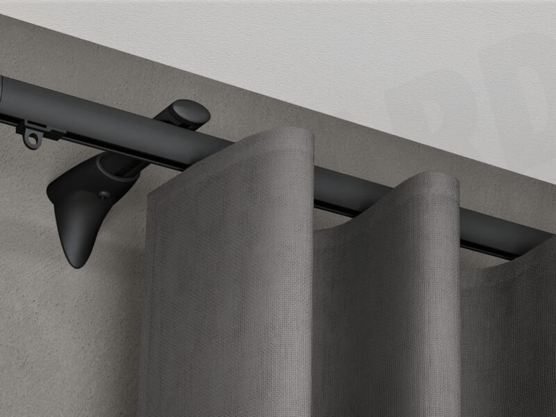Wandschiene Modell 410 in Schwarz mit Vorhang montiert