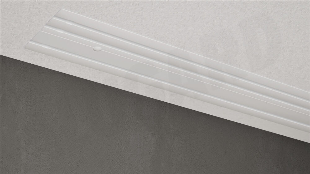 Weiße 3-läufige Unterputz-Gardinenschiene Modell 581, flächenbündig eingebaut – ohne Vorhang.