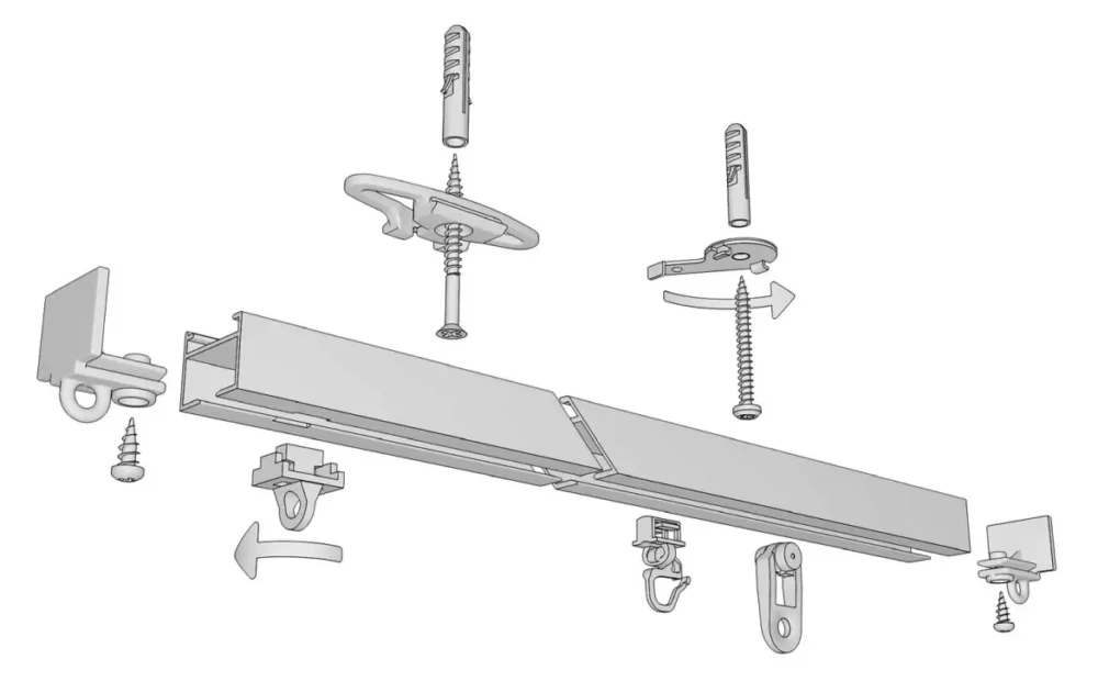 Technische Zeichnung der 1-läufigen Aufputz-Gardinenschiene Modell 450 mit Maßangaben und verdecktem Schnellspanner-System.