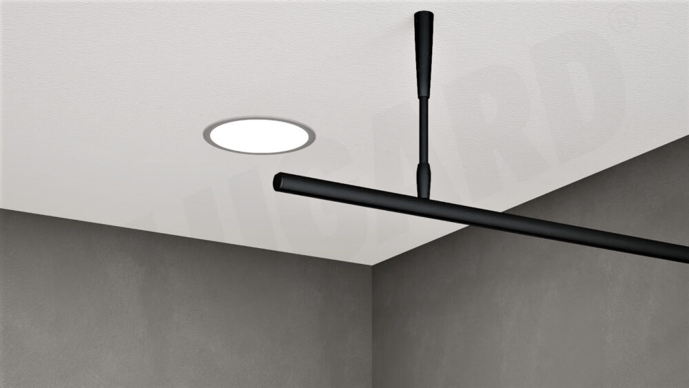 Schwarze 1-läufige Raumtrennschiene an einer Zimmerdecke montiert, mit Deckenabhängung.