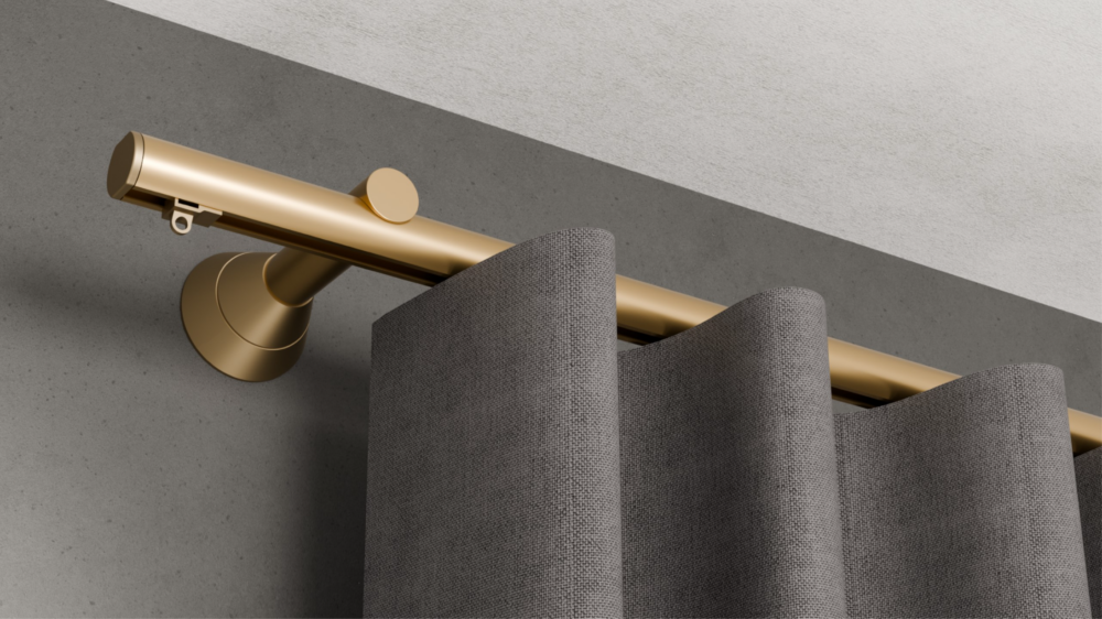 1-läufige Gardinenschiene Modell 440 in Messing eloxiert, als Wandmontage mit grauem Wellenvorhang