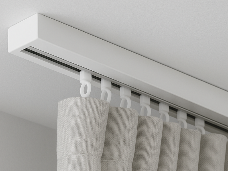 Maßgefertigte Deckenschiene für Vorhänge, montiert an weißer Decke mit Gleitern und Vorhang